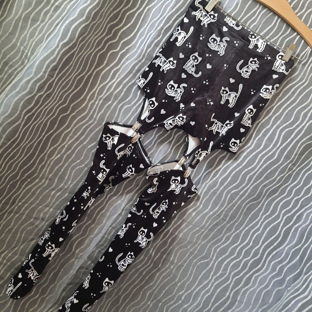 Blackmilk Garter Leggings Size Small Velour Cats Skeleanimals